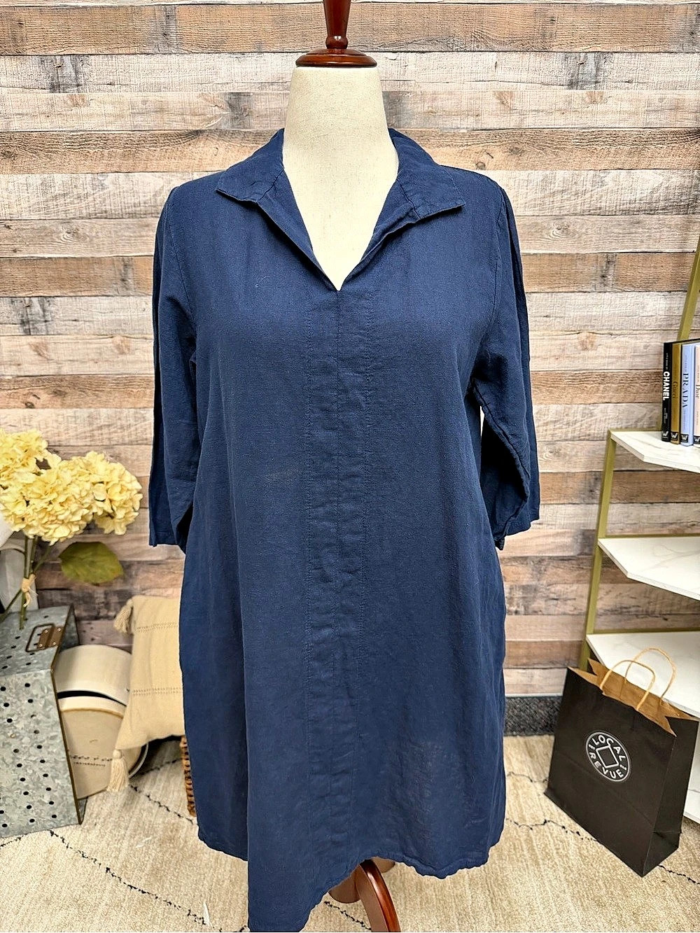 Terzo Millennio navy blue 3/4 sleeve linen dress XL